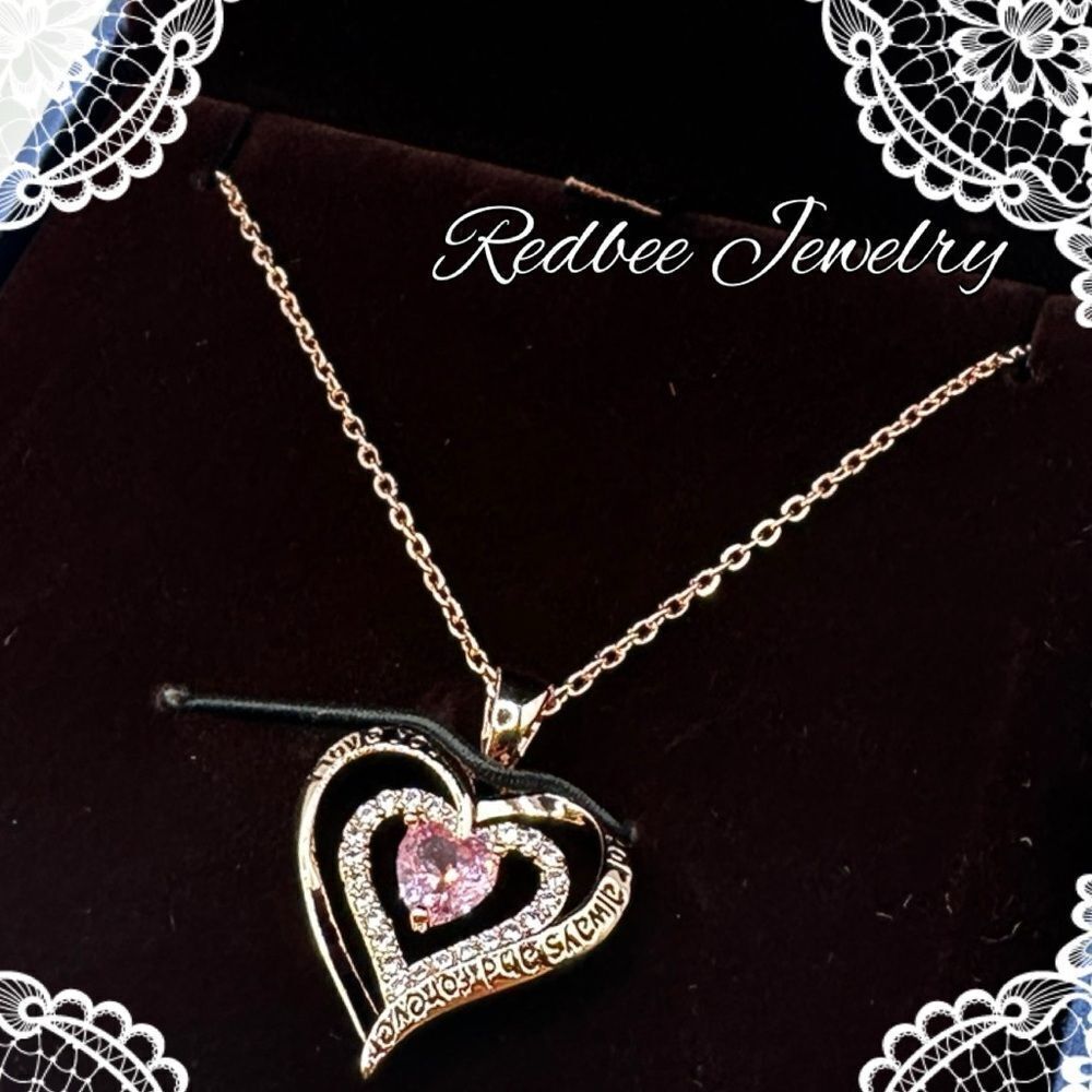 NIB Redbee 18kt GP, Rose‎ gold over s925, Pink CZ in heart necklace!